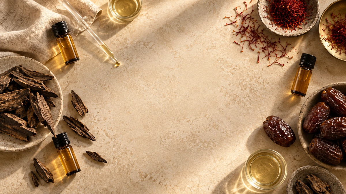 طاولة صانع عطور عليها عود وزعفران وتمر