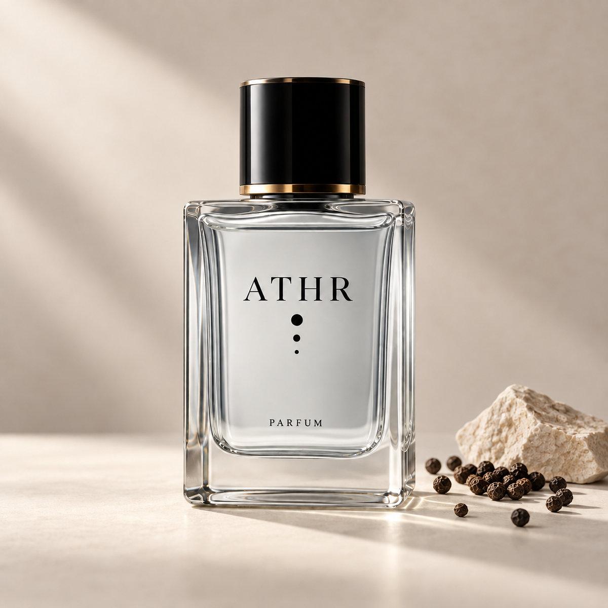 ATHR Bayda eau de parfum bottle with black peppercorns and desert sandstone