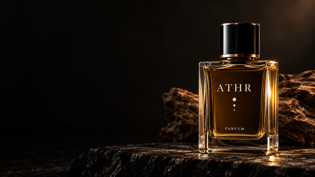 ATHR parfum bottle on dark stone with oud wood