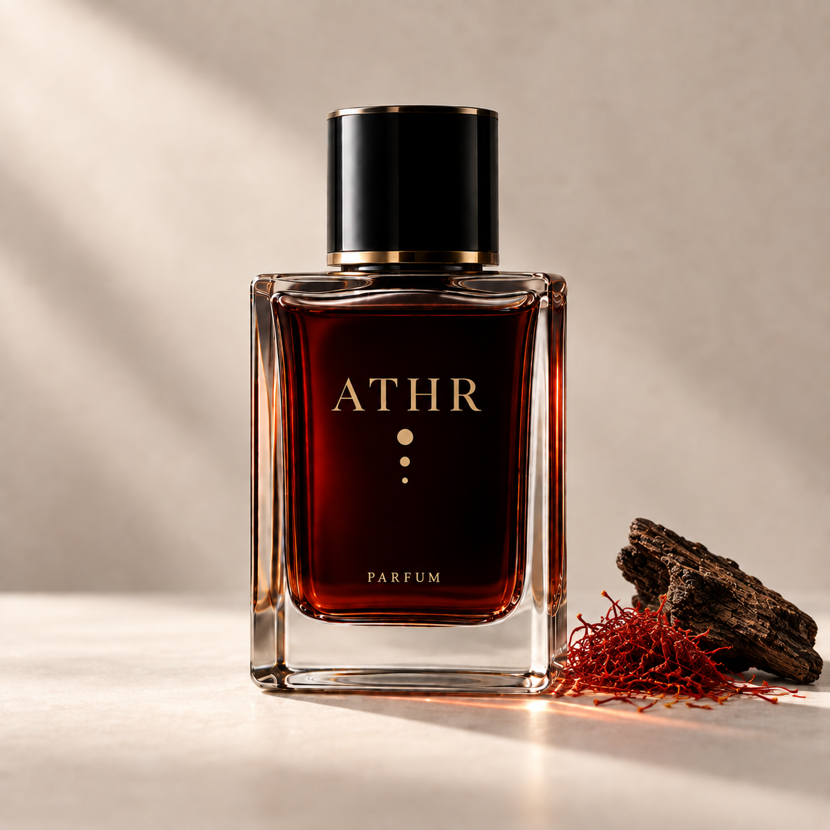 ATHR Hibr eau de parfum bottle with saffron threads and oud wood
