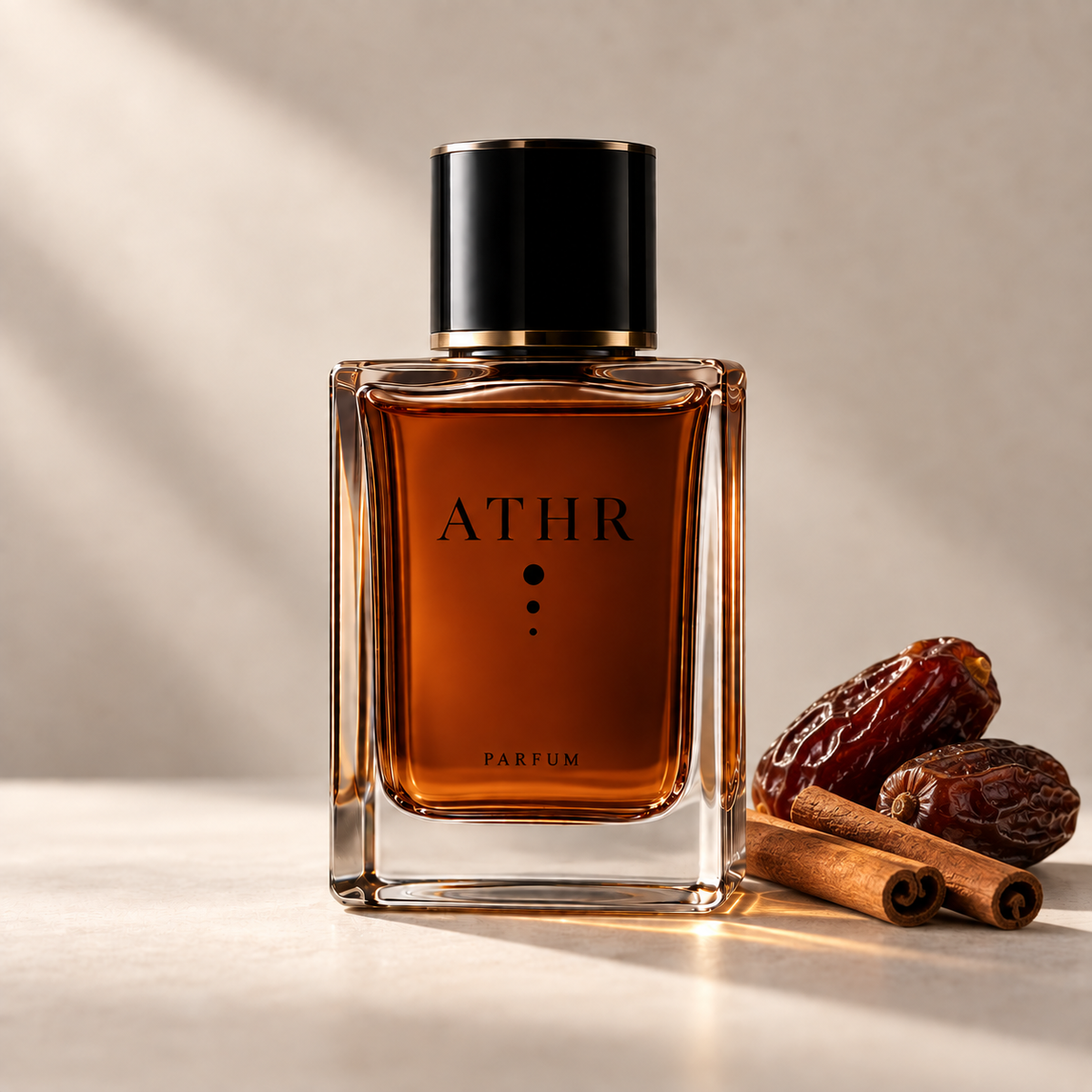ATHR Sahr eau de parfum bottle with dates and cinnamon sticks